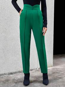 SHEIN Essnce Solid Slant Pocket Suit Pants - Green - View 3