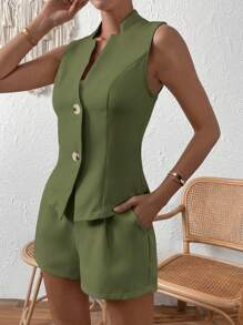 SHEIN Privé Solid Button Front Vest Blazer & Shorts - Army Green - View 4