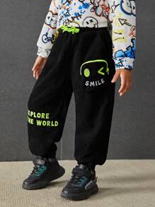 SHEIN Young Boy Slogan Graphic Drawstring Waist Pants - Black - View 3