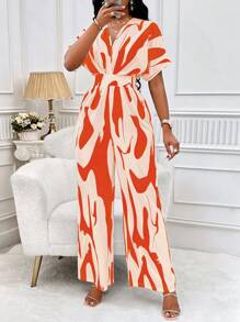 SHEIN Clasi 滿版印花蝙蝠袖闊腿連體褲 - 橘色 - 查看 5