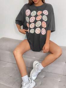 SHEIN EZwear Camiseta de hombros caídos con estampado de dibujos animados - Gris Oscuro - Ver 3