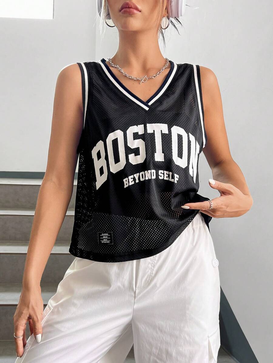 SHEIN EZwear Top tank con estampado de letra ribete de rayas - Negro - Ver 1