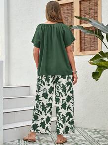 EMERY ROSE Plus Solid Top & Floral Print Wide Leg Pants For Summer - Green - View 2