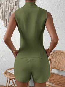 SHEIN Privé Solid Button Front Vest Blazer & Shorts - Army Green - View 2