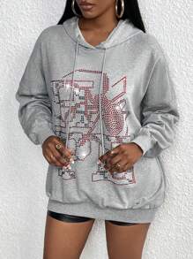 Slaydiva Rhinestone Detail Drop Shoulder Drawstring Hoodie