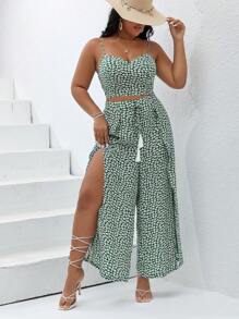 SHEIN VCAY 大碼碎花吊帶上衣&高衩長褲 - 彩色 - 查看 3