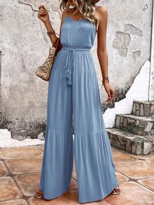 SHEIN VCAY Solid Belted Cami Wide Leg Jumpsuit - Blue - View 4