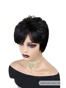 Pelucas De Cabello Humano Corto Ondulado Con Flequillo Estilo Bob Pixie Completo Fabricado Por Máquina Sin Encaje