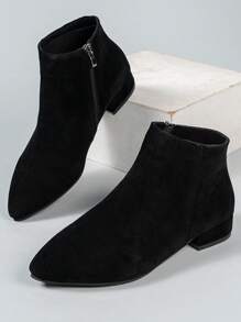 新款秋季時尚女式低跟側拉鍊靴 - 黑色 - 查看 2