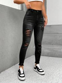 SHEIN PETITE Ripped Raw Hem Skinny Jeans - Black - View 4