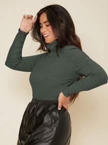 SHEIN BASICS Plus Solid Turtleneck Tee - Dark Grey - View 3