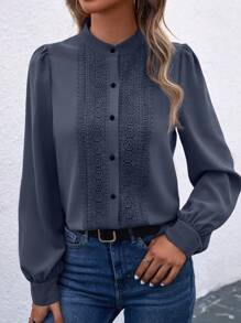 EMERY ROSE 女式蕾丝嵌花衬衫 - 灰色 - 查看 4