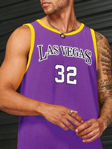 Manfinity RebelGame Men Letter Graphic Contrast Trim Tank Top & Shorts - Violet Purple - View 6