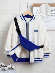 Tween Boy Letter Patched Striped Trim Drop Shoulder Teddy Bomber Jacket & Bag - White - View 1
