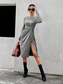 SHEIN Essnce Twist Front Wrap Hem Dress - Grey - View 3