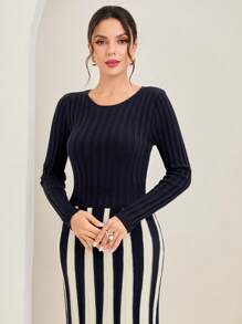 Modelyn Mẫu sọc Đầm Áo len - Xanh đậm - Xem 5