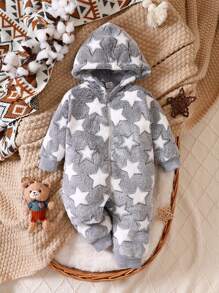 Baby Boy Star Pattern Hooded Teddy Jumpsuit - Multicolor - View 1