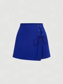 SHEIN MOD 前繫帶圍裹側打結裙裤 - 寶藍色 - 查看 1