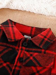 男婴格子印花翻盖口袋夹克和裤子（不含 T 恤），适合圣诞节男婴格子套装 - 紅色 - 查看 4