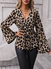 SHEIN LUNE Blusa peplum con estampado de leopardo de manga amplia - Multicolor - Ver 5