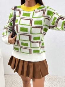 SHEIN Unity 女式休闲几何图案宽松圆领落肩毛衣，秋冬 - 彩色 - 查看 6