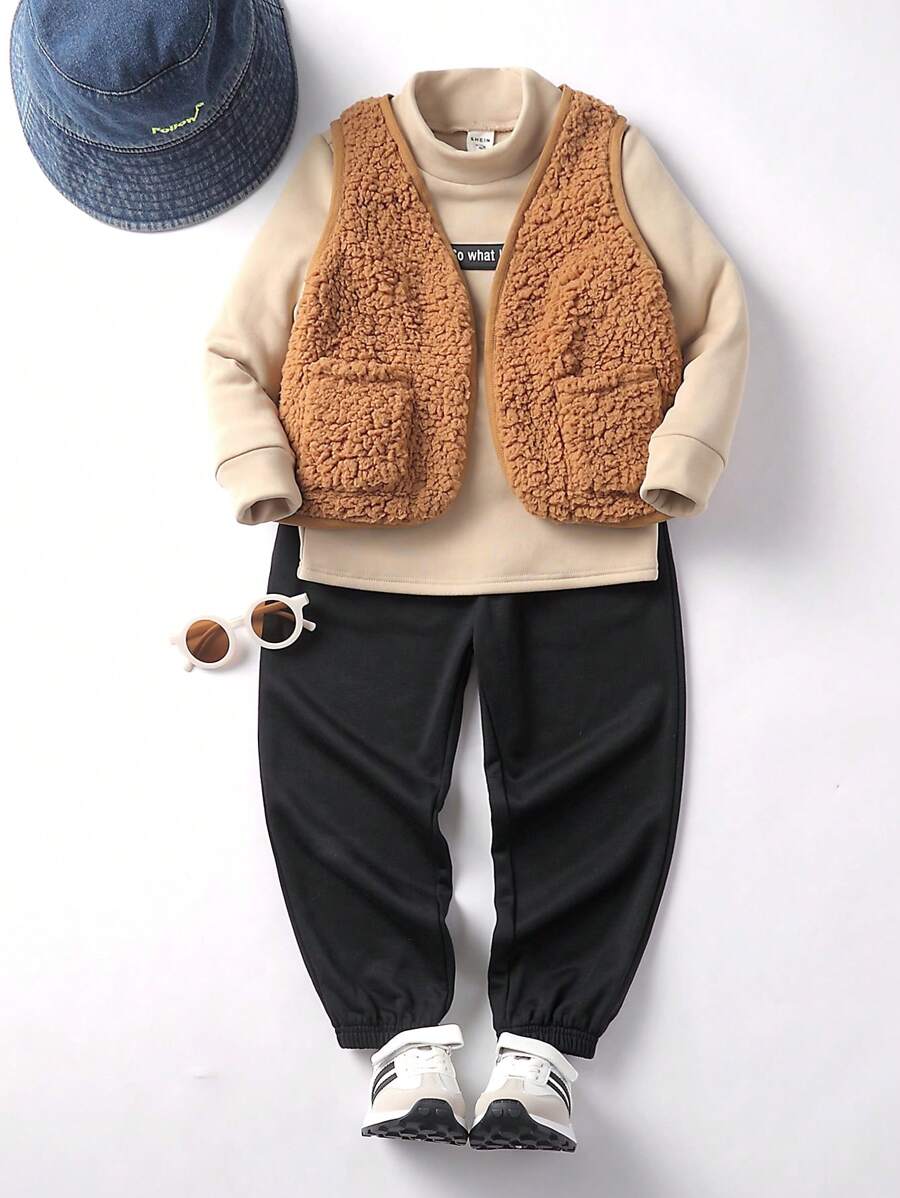 SHEIN Bộ 3 áo len cổ cao dệt kim thường ngày cho bé trai, quần chạy bộ dệt kim và áo vest đệm lông cừu, dày - Nhiều màu - Xem 1