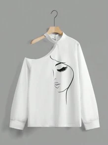 Calvaya 大碼人像圖案不對稱領運動衫 - 白色 - 查看 1