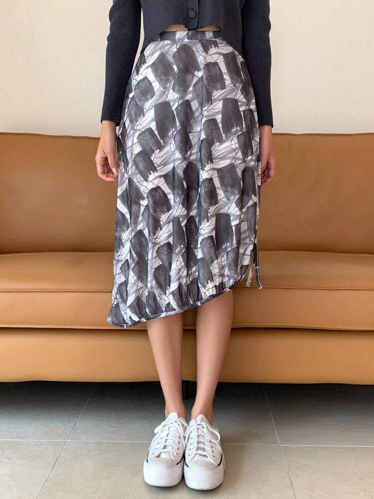 Allover Print Asymmetrical Hem Skirt