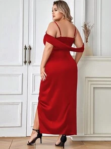Plus Cold Shoulder Wrap Hem Dress - Red - View 2