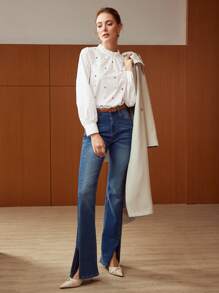 MOTF PREMIUM STUDDED FRILL-NECK BLOUSE