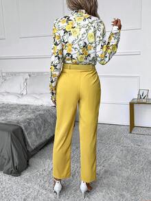 SHEIN Clasi Floral Print Mock Neck Blouse & Belted Pants - Yellow - View 2