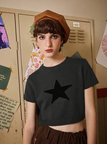 ROMWE Fairycore Star Pattern Crop Knit Top - Dark Grey - View 1