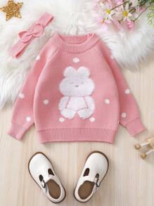 女嬰卡通圖案插肩袖毛衣 - 粉色 - 查看 1
