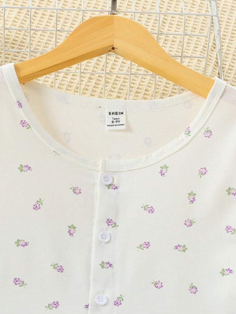 Teen Girl Ditsy Floral Print Cami Top & Pants & Button Front Tee PJ Set