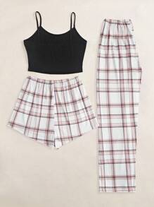 Cami Top & Plaid Print Bow Front Shorts & Pants PJ Set / Pajama Set Bow Tie - Multicolor - View 2