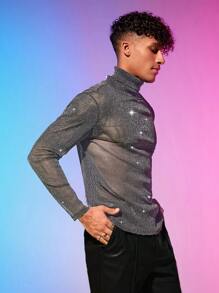FeverCity Men High Neck Glitter Mesh Tee - Dark Grey - View 2