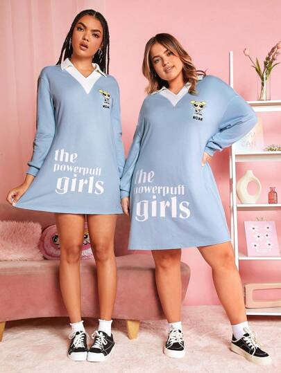 THE POWERPUFF GIRLS X SHEIN Plus 1 st. Text Grafik Kontrast krage Nedhasade aclar Sweatshirt Klänning