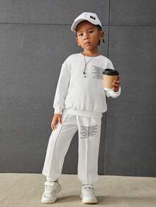 Young Boy Slogan Graphic Drop Shoulder Sweatshirt & Sweatpants - White - View 2