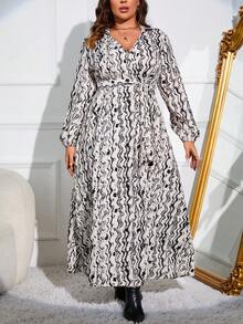 SHEIN LUNE 大碼滿版印花燈籠袖繫腰帶洋裝 - 彩色 - 查看 7