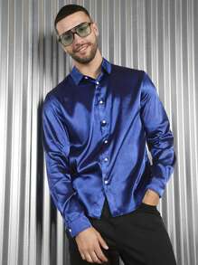 GENTILAND Loose Fit Men's Solid Satin Button-Front Shirt - Navy Blue - View 4