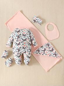 SHEIN 5pcs Baby Girls Floral Print Footed Sleep Jumpsuit & 1pair Gloves & 1pair Gloves & 1pc Bib & 1pc Wrap Blanket - Multicolor - View 2
