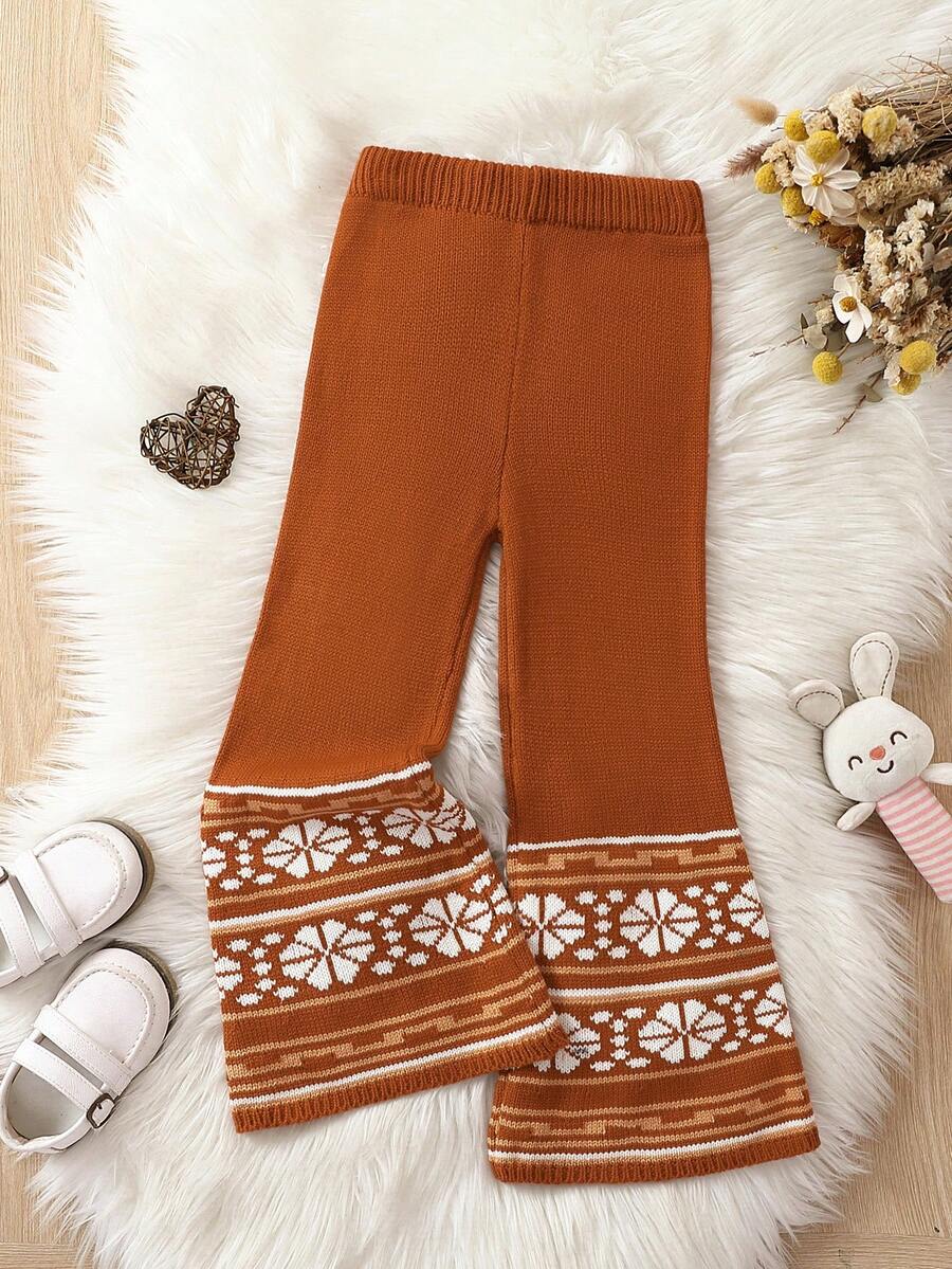 SHEIN 女小童幾何圖案喇叭針織長褲 - 棕色 - 查看 1