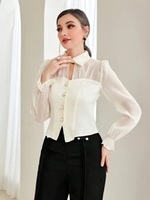 Modelyn 喇叭袖前紐扣襯衫 - 米色 - 查看 6
