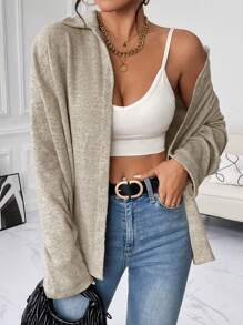 SHEIN Essnce 休閒前紐扣純色女士T恤 - 卡其色 - 查看 3