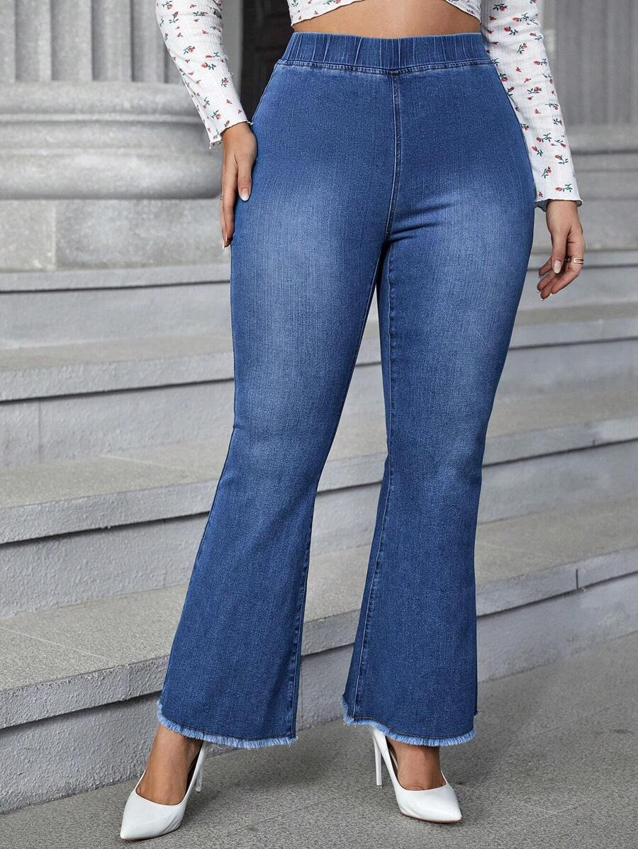 SHEIN Privé Talla grande Jeans de pierna amplia ribete sin dobladillo - Azul lavado medio - Ver 1