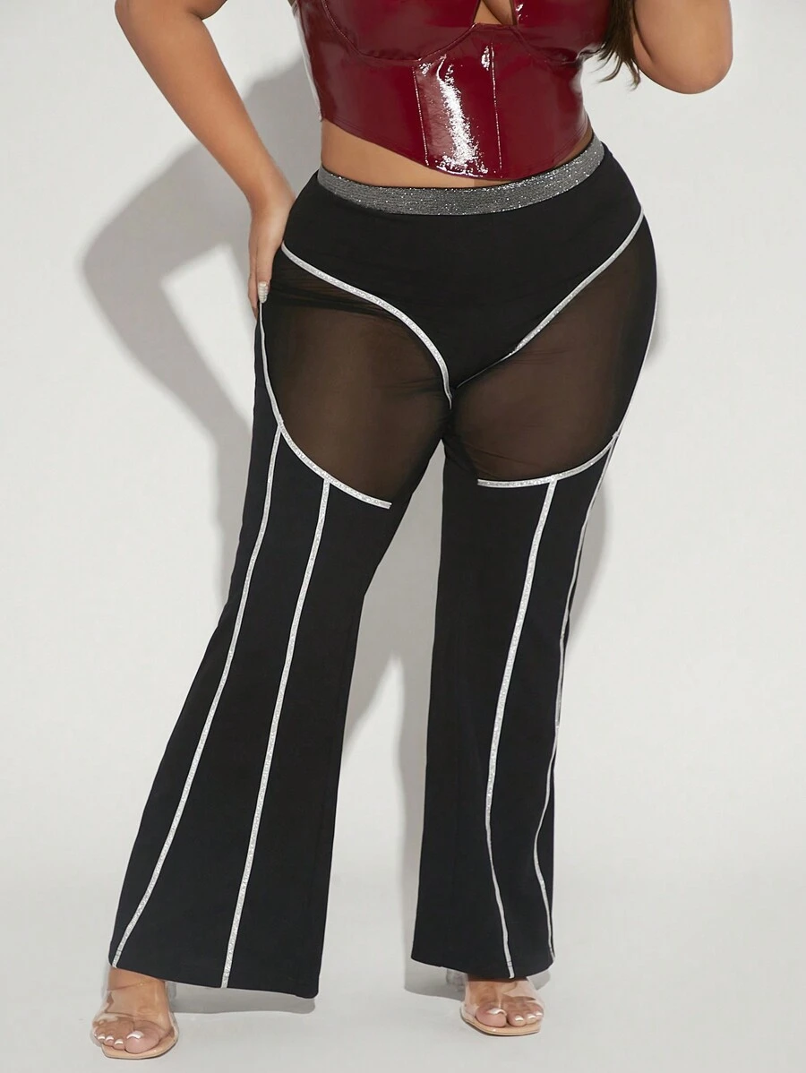 SHEIN SXY Hơn Lưới trong suốt Chèn Contrast Piping Quần ống loe - màu đen - Xem 1
