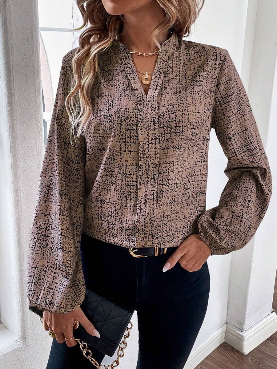 SHEIN Clasi 滿版印花燈籠袖襯衫 - 卡其色 - 查看 1