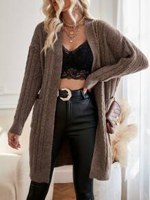 SHEIN Privé Dual Pocket Drop Shoulder Cardigan - Coffee Brown - View 5