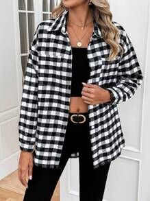 Chiquease Gingham Print Drop Shoulder Button Front Coat - Black and White - View 3