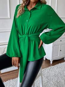 Chiquease Solid Knot Front Button Front Shirt - Green - View 6
